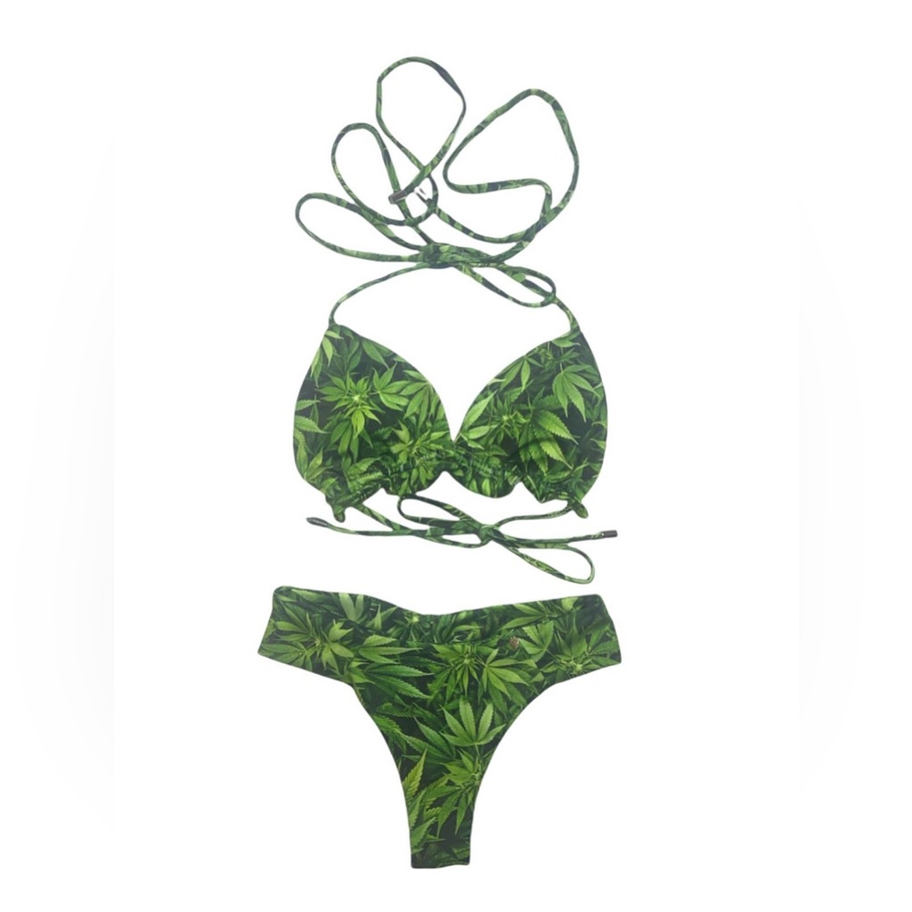 Green Leaf Print Bikini Set